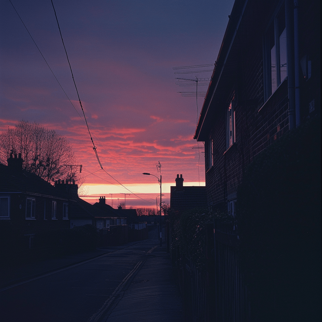 A view of a sunrise over a city street with a brick building in the foreground. The sky is ablaze with orange, pink, and purple hues.