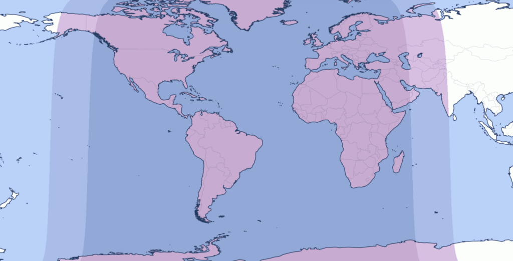 A diagram of where the partial lunar eclipse will be visible.